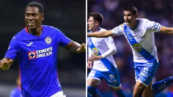 A Cruz Azul player and a Puebla player celebrate their goals for their teams.