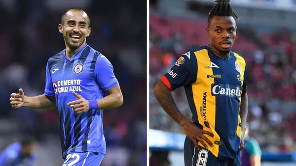 A Cruz Azul player smiles while an Atletico San Luis player looks concerned.