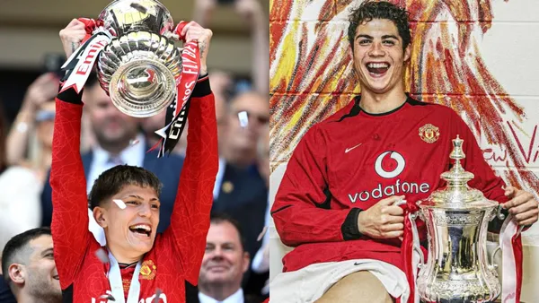 Alejandro Garnacho lifts the FA Cup trophy with Manchester United while a young Cristiano Ronaldo smiles with the FA Cup trophy with Manchester United.