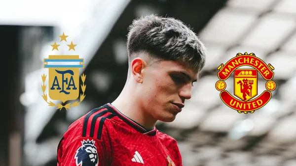 Alejandro Garnacho looks down wearing a Manchester United jersey; the Argentina national team badge and the Man United logo is next to him.