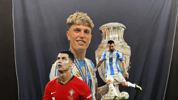 Alejandro Garnacho smiles as he lifts the Copa America trophy as Cristiano Ronaldo looks up and Lionel Messi kicks the ball. (Source: Alejandro Garnacho X, Messi Xtra, GOATTWORLD X)