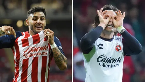 Alexis Vega with Chivas jersey and Montesino with Xolos jersey.