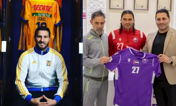André-Pierre Gignac with the Tigres sweater and Carlos Peña with the Al Dhaid jersey.