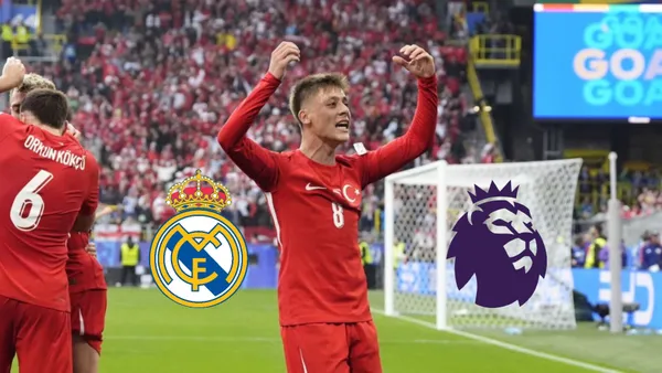 Arda Guler celebrates his goal with the Turkey jersey and the Real Madrid and Premier League logo is next to him. (Source: Arda Guler Xtra X)