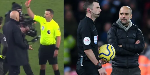 Arne Slot with Michael Oliver and Pep Guardiola with Michael Oliiver