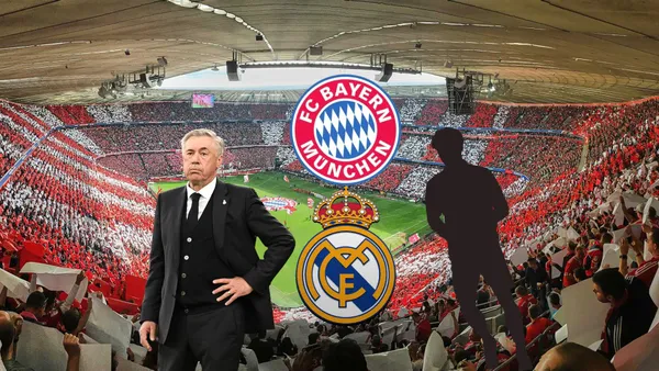 Carlo Ancelotti focused as the coach of Real Madrid; the background of Bayern Munich's stadium, the Allianz Arena.