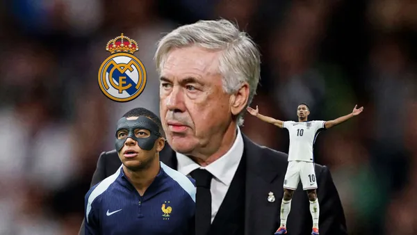 Carlo Ancelotti looks to the side as the Real Madrid badge is next to him while Kylian Mbappé and Jude Bellingham represent their national teams. (Source: Madrid Xtra X)