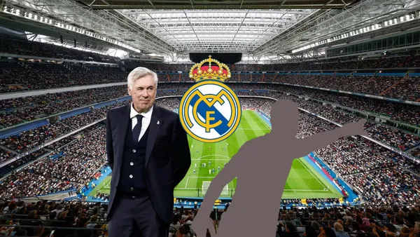 Carlo Ancelotti smiling as the Real Madrid manager at the Santiago Bernabeu.