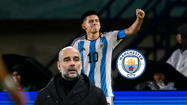 Claudio Echeverri celebrates a goal with the U17 Argentina team and Pep Guardiola looks concerned with a black jacket on while the Man City badge is next to him. (Source: SI Illustrated)