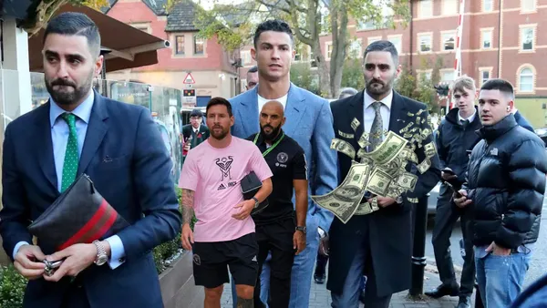 Cristiano Ronaldo and his bodyguards walked together while Lionel Messi is with his bodyguard in Miami.