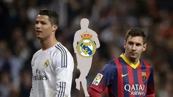 Cristiano Ronaldo and Lionel Messi are next to each other while a mystery player has the Real Madrid badge on. (Source: Getty Images)