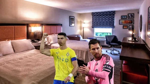 Cristiano Ronaldo and Lionel Messi celebrate their team's wins with a background of a hotel room.