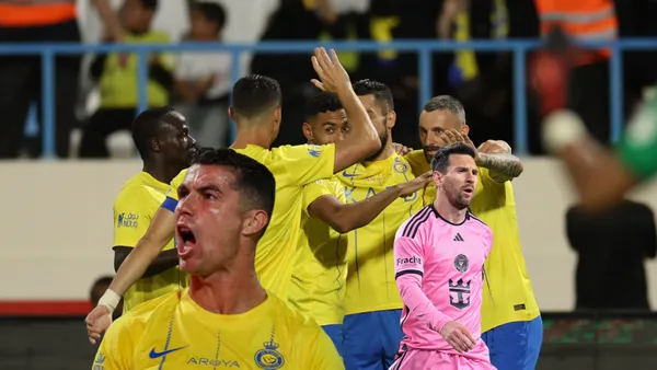 Cristiano Ronaldo angry at Al Nassr and Lionel Messi focused with Inter Miami but in the background CR7 and the team celebrate.