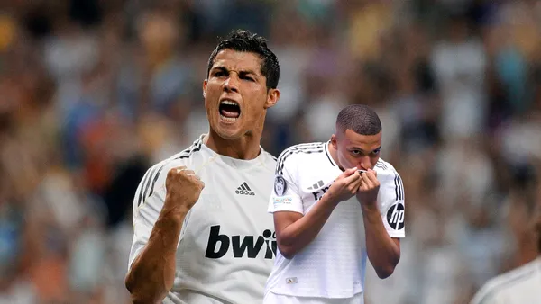 Cristiano Ronaldo celebrates a goal with Real Madrid while Kylian Mbappé kisses the Real Madrid badge. (Source: MARCA, Fabrizio Romano X)