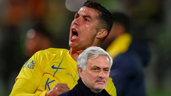 Cristiano Ronaldo celebrates an Al Nassr goal while Jose Mourinho smiles.