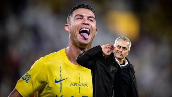 Cristiano Ronaldo celebrates his Al Nassr goal while Jose Mourinho puts his hand up to his ear.