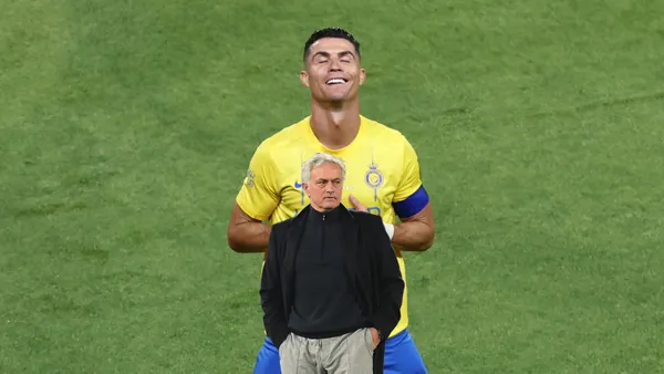 Cristiano Ronaldo celebrates with his "sleep" celebration while Jose Mourinho looks serious as a coach.