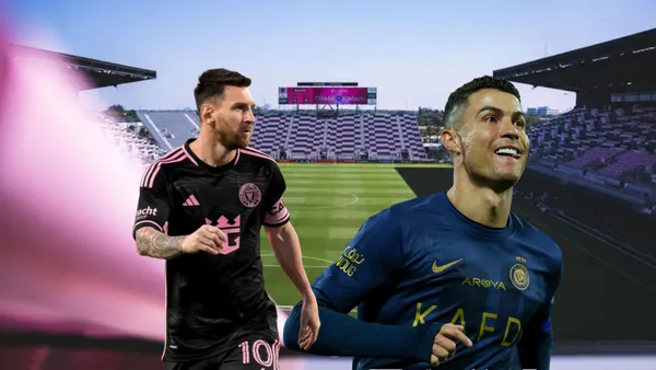 Cristiano Ronaldo happy after scoring a goal for Al Nassr this season and Lionel Messi in an Inter Miami shirt.