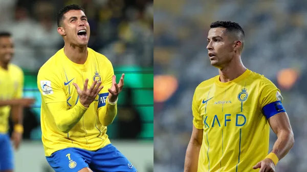 Cristiano Ronaldo is angry on the left side while Ronaldo is concerned on the right side; both images show the Al Nassr jersey.