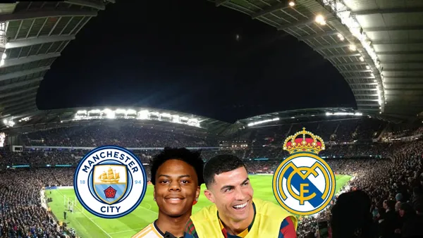 Cristiano Ronaldo laughing on the bench for the Portugal national team while Speed poses with a Real Madrid shirt.