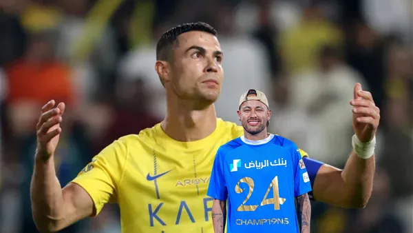 Cristiano Ronaldo looks annoyed while wearing an Al Nassr shirt while Neymar wears an Al Hilal shirt that says champions.