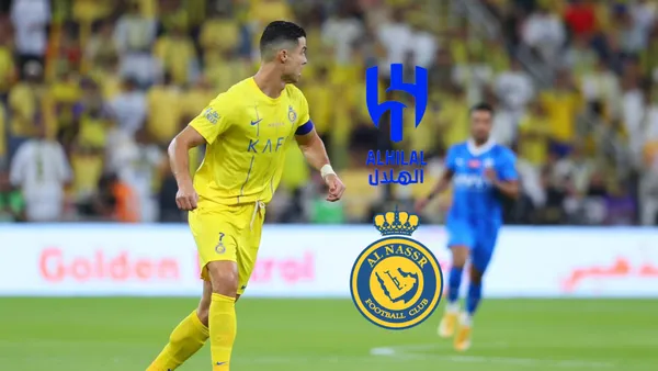 Cristiano Ronaldo looks back while wearing the Al Nassr kit; the Al Nassr and Al Hilal badges are next to him.