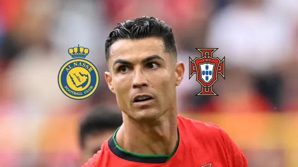 Cristiano Ronaldo looks surprised as he wears the Portugal jersey; the Al Nassr and the Portugal national team badges are on the side to him. (Source: The Independent)