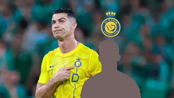 Cristiano Ronaldo looks upset while pointing at the Al Nassr badge on his jersey; the Al Nassr badge is above the mystery player. (Source: Al Nassr Zone X)