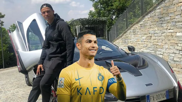 Cristiano Ronaldo on his luxury car and Ronaldo smiles with an Al Nassr shirt.