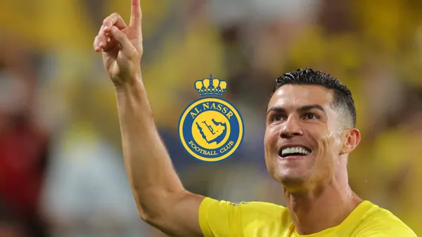Cristiano Ronaldo points up with an Al Nassr jersey and an Al Nassr badge is in the middle.