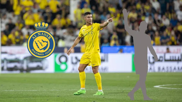 Cristiano Ronaldo points while wearing an Al Nassr kit and a mystery player puts his hand up; the Al Nassr badge is next to Ronaldo.
