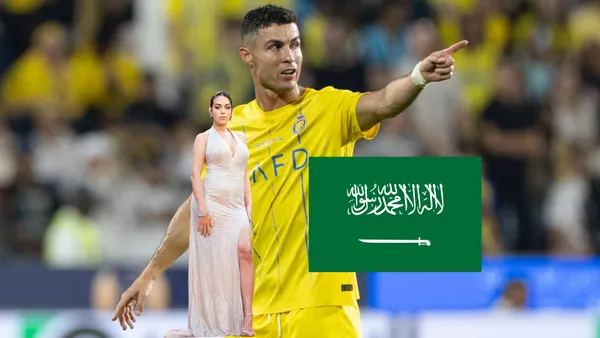 Cristiano Ronaldo points with anger while Georgina Rodriguez wears a dress.