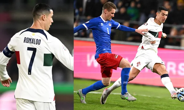 Cristiano Ronaldo scores the first goal against Luxembourg