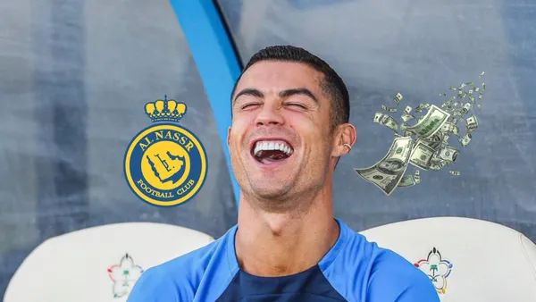 Cristiano Ronaldo sitting on the bench laughing with an Al Nassr logo and flying money bills next to him.