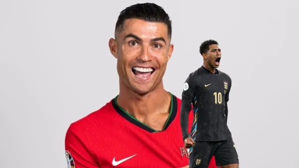 Cristiano Ronaldo smiles to the camera while wearing the Portugal jersey and Jude Bellingham shouts while wearing the England jersey.
