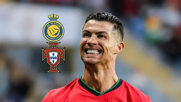 Cristiano Ronaldo smiles while he wears the Portugal jersey; the Al Nassr and Portugal national team badge is next to him.