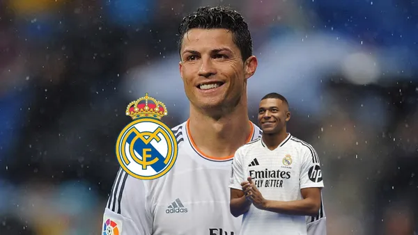 Cristiano Ronaldo smiles with a Real Madrid jersey on while Kylian Mbappé smiles with a Real Madrid jersey on; the badge is next to him. (Source: Getty Images, Kylian Mbappé X)