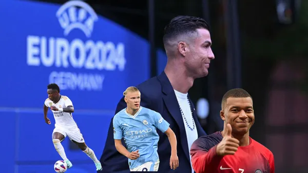 Cristiano Ronaldo smiles with a suit on, while Vinicius Jr, Erling Haaland, and Kylian Mbappé are below him.