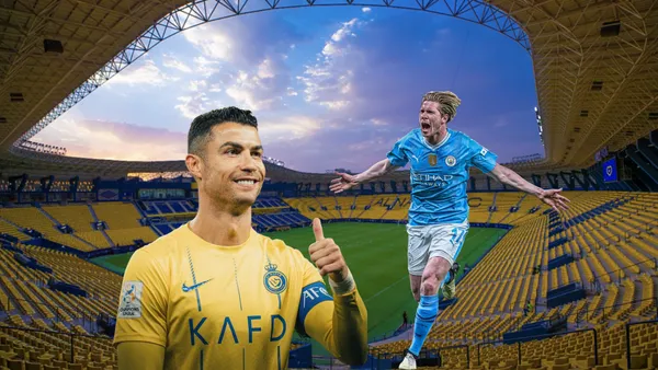 Cristiano Ronaldo smiles with a thumbs up while Kevin De Bruyne celebrates a goal for Man City.