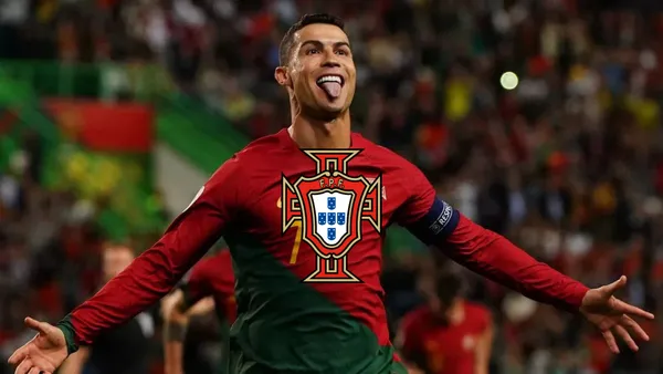 Cristiano Ronaldo sticks his tongue out while wearing the Portugal national team jersey; the Portugal national team logo is in the middle.