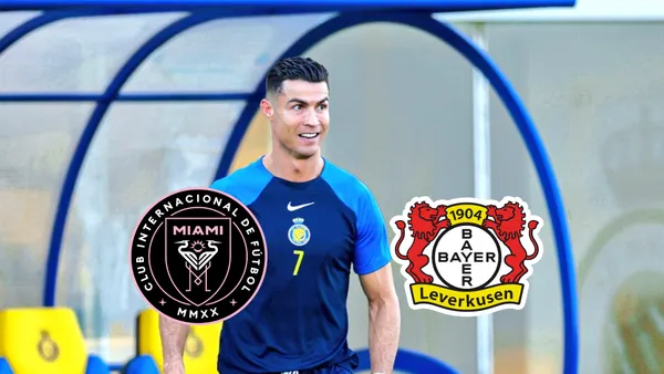 Cristiano Ronaldo trains by wearing an Al Nassr training shirt while the Inter Miami and Bayer Leverkusen logos are below him.