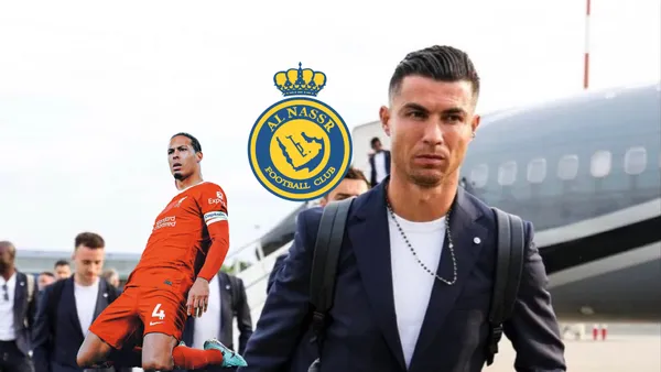 Cristiano Ronaldo walks with a suit on while Virgil Van Dijk slides while wearing the Liverpool jersey; the Al Nassr badge is next to them.