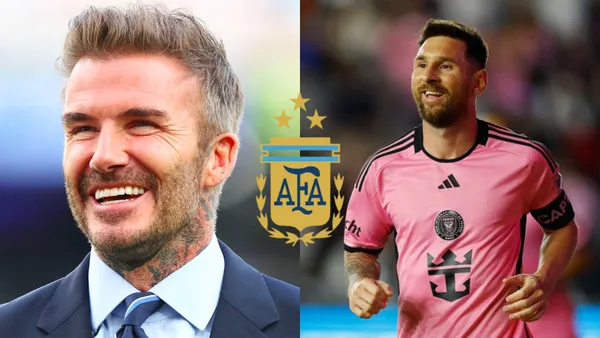 David Beckham smiles and Lionel Messi smiles with the Inter Miami jersey; the Argentina national team logo is in the middle.