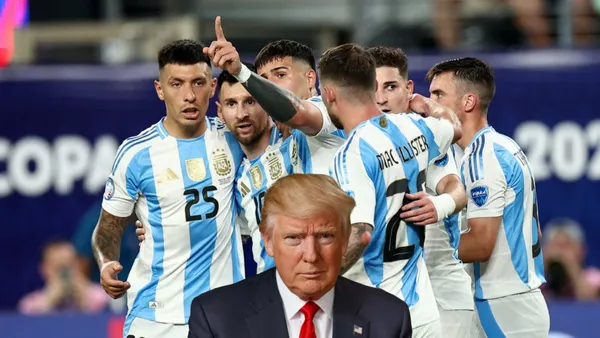 Donald Trump poses for a picture and the Argentina national team celebrate together. (Source: Getty Images, Roy Nemar X)