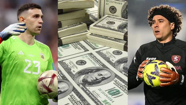 Emiliano "Dibu" Martinez with Argentine jersey and Guillermo Ocho with the Mexican jersey.