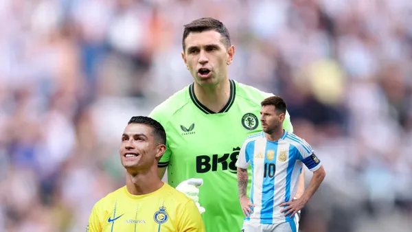 Emiliano Martinez runs while wearing the Aston Villa goalkeeper jersey; Cristiano Ronaldo smiles while wearing the Al Nassr jersey and Lionel Messi has his hands on his hips while wearing the Argentina kit.