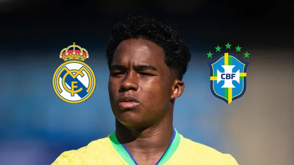 Endrick is focused while wearing the Brazilian national team jersey; the Real Madrid and Brazil national team logos are next to him.
