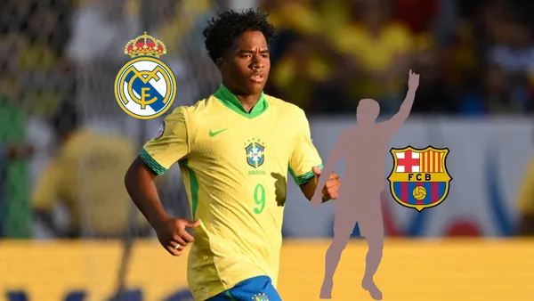 Endrick runs on the pitch with a Brazil jersey on as the Real Madrid badge is next to him while a mystery player is next to the FC Barcelona badge. (Source: AFP, X)