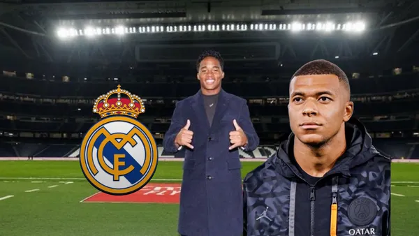 Endrick smiles and poses for a photo at the Santiago Bernabeu with the Real Madrid badge next to him and Kylian Mbappé focused wearing a PSG hoodie.
