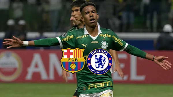 Estevão Willian celebrates his goal for Palmeiras while the FC Barcelona and Chelsea badge are below him. (Source: FC Barcelona Noticias)